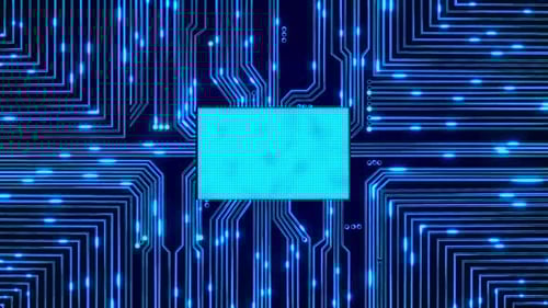 Futuristic Digital Circuit Board with Glowing Data Flow