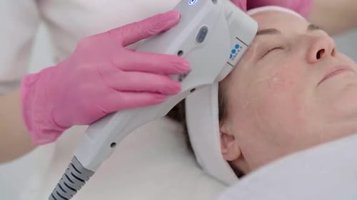 Beauty Center a Female Mature Client Receive Ultrasound Face Lifting with Professional Equipment