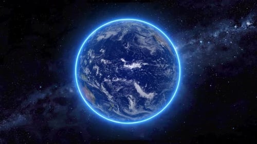 Rotating Earth Globe with Blue Neon Glow in Space