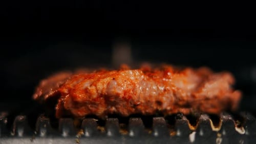 Side View Closeup Delicious Steak Grilling with Barbecue Cover Covering Food Closeup Tasty Picnic