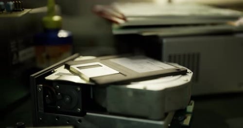 Old Technology Revival in a Workspace Showcasing a Hard Drive and Floppy Disk