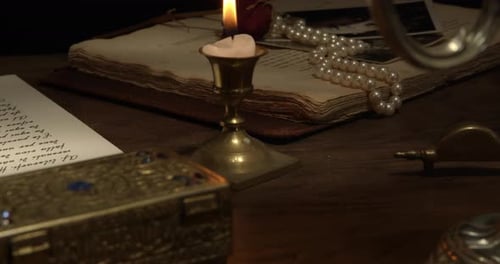 Antique Desk with Candlestick and Quill Pen