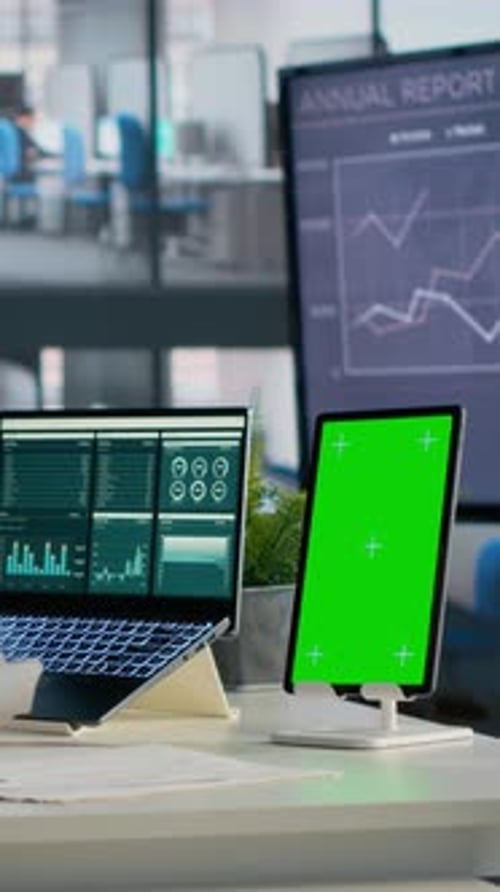 Vertical Video Vertical Green Screen on Tablet with Businessman Analyzing Company Data