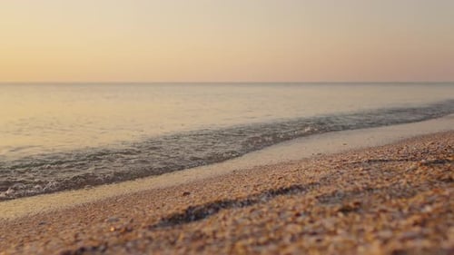 Bright golden waves at sunset on the beach the black sea.