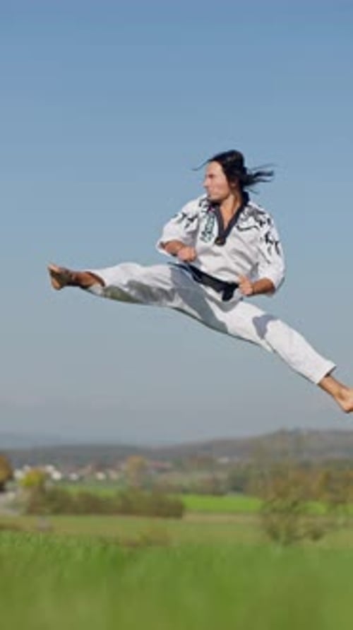 Person Performs Jumping Split Kick in Field