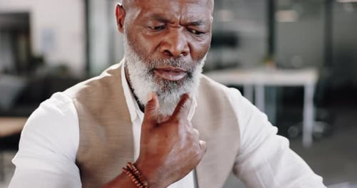 CEO, laptop or senior black man thinking of digital marketing, branding