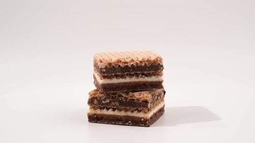 Delicious chocolate wafers with hazelnuts rotate on a white background.