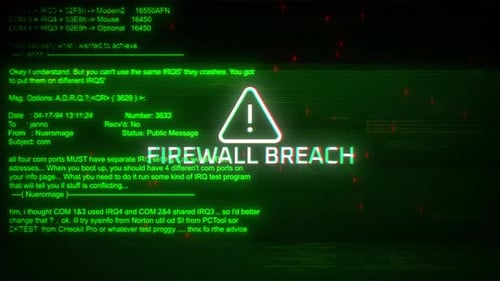 Firewall Breach Attentions Screen Motion On Abstract Technology Background Green Color