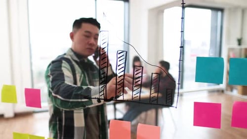 Business Professional Brainstorming with Sticky Notes While on Phone