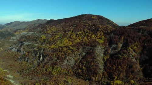 Mountain slopes covered in yellow brown foliage of forest trees in Autumn morning