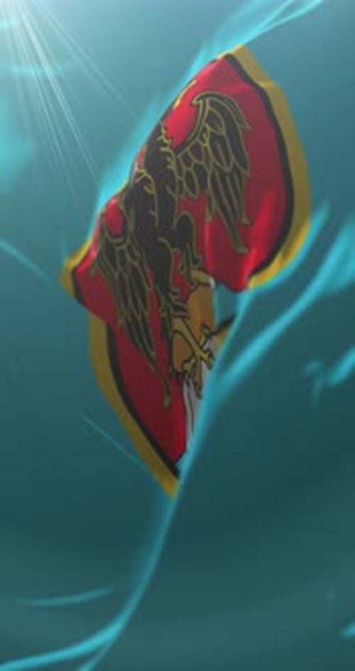 Vertical Waving Flag with Stylized Eagle Emblem on Shield