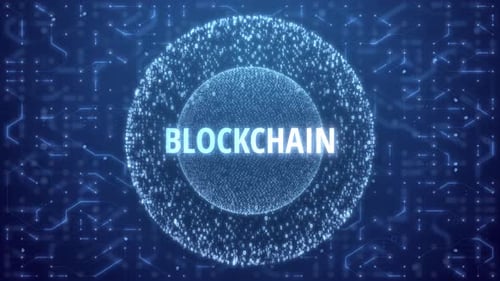 Blockchain Concept over Matrix sphere on circuitry background