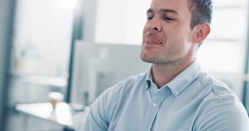 Relax, success and happy businessman in the office chilling after a complete corporate project
