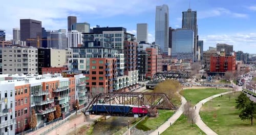 Downtown Denver Colorado Train Tracks and Skyline by Aerial Drone Aerial