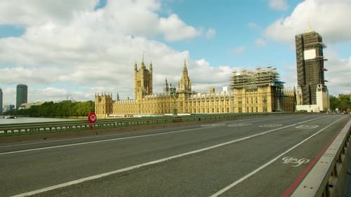 Lockdown in London, empty Westminster Bridge streets with the Houses of Parliament and Big Ben, duri