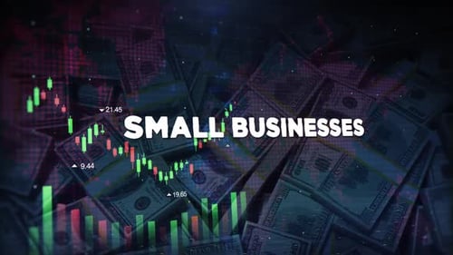 Small Businesses Words On Economic Background With Decrease Bar Chart Graph And Arrow