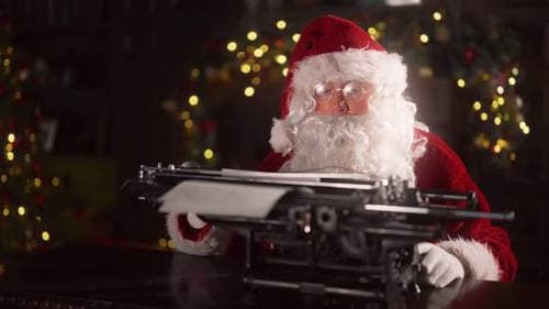 Santa Types Letter on Vintage Typewriter at Night