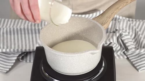 Step By Step Preparing Chocolate Frosting in a Small Saucepan Over an Electric Pan