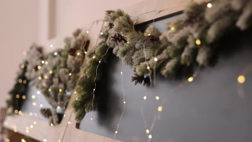 Close Up Christmas Garland Decoration with Lights