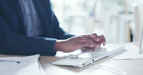 Business man, hands and keyboard typing on computer, network update and seo insight on internet