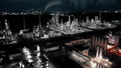 Aerial view of chimneys of power plant, an industrial district. Modern large thermal power plant