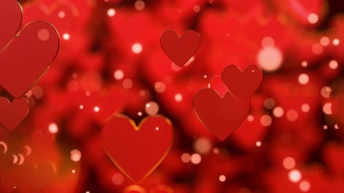 Elegant Golden Outline Red Hearts Falling Motion Background