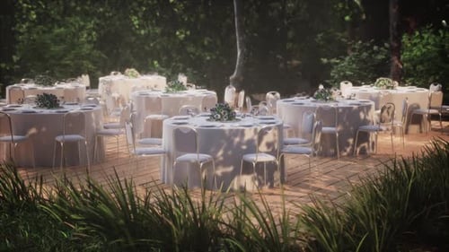 Empty Wicker Table and Chair in Outdoor Restaurant Forest Garden