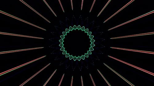 Animated 3D abstract.Curved lines and colorful light points black background,seamless circle