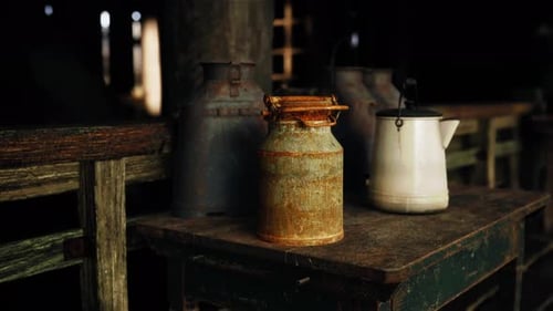 Rustic Farm Still Life with Old Milk Cans and Kettle