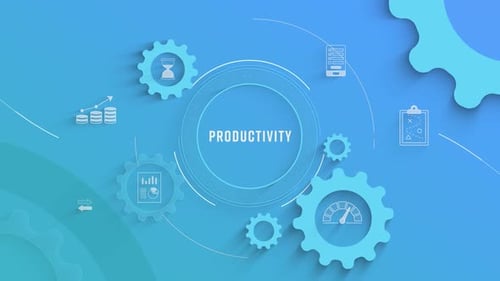 Animated Corporate Productivity Icons and Spinning Gears Background