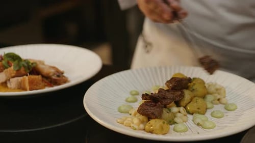 Chef Plating Delicious Meal in Restaurant Kitchen