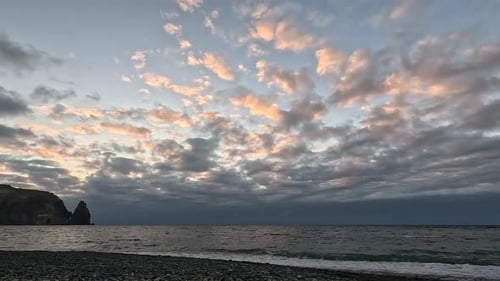 Timelapse Fluffy Cumulus Clouds Moving in Bright Golden Sunset Sky Over Sea Abstract Aerial Nature