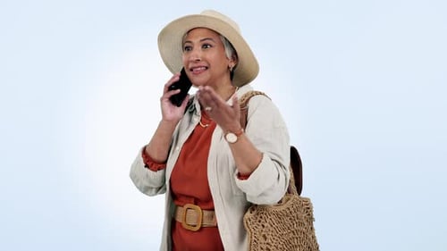 Phone call, communication and senior woman in studio in conversation for gossip or secret