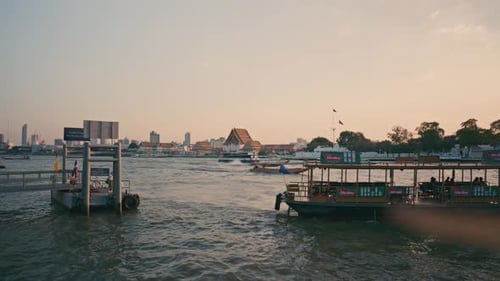 Bangkok Metropolitan Skyline with Wat Arun Temple Background Tourist Boat Leave a Pier on Chao