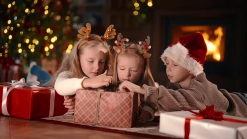 Little Kids Playing Together in Christmas Portrait in Cozy Interior at Home Merry Xmas and Happy New
