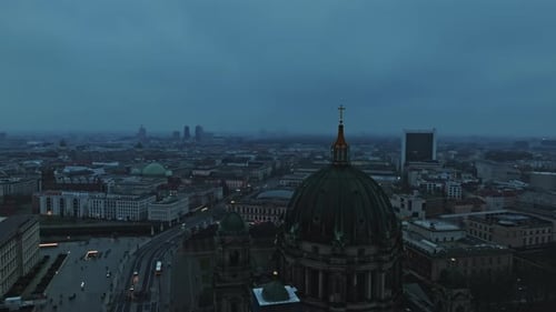 Aerial view revealing Berlin Cathedral at dusk