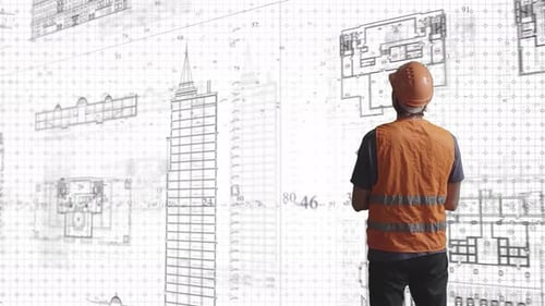 Computer Graphics View From the Back of a Builder in a Helmet Who Holds a Blueprint in His Hands