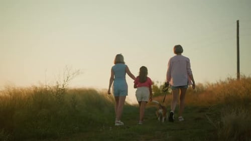 Family Walking Dog on Country Path at Sunset