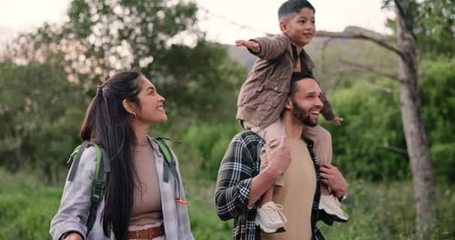 Piggyback, walking or happy family hiking in forest to relax on holiday vacation together in nature