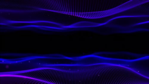 Dos ondas de espejo azules. Fondo ondulado simétrico con partículas voladoras. Marco de malla ondulada brillante