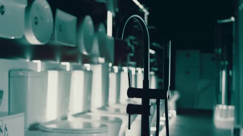 Contemporary Faucet and Shower Head in Dim Showroom