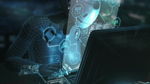 Futuristic AI Robot Working with Holographic Interface