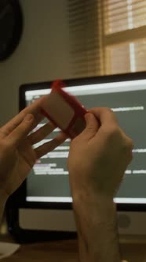 Nahaufnahme unerkennbarer Hände, die mit roter Diskette spielen