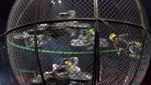 Six cascadeurs font de la moto dans une cage ronde en métal lors d'un spectacle de cirque