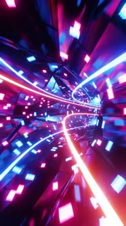 Abstract Tunnel Flight with Glowing Neon Lines and Digital Cubes
