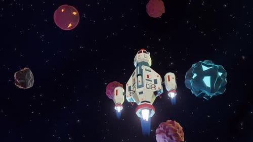 3d spaceship flies in space among asteroids