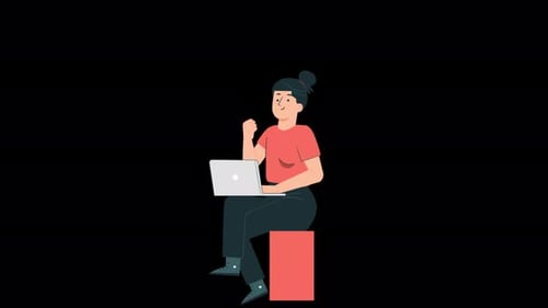 Happy Sitting Woman and Notebook Alpha channel 4K