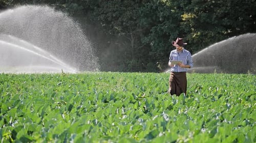 Farmer Using Digital Tablet During Monitoring His Plantation
