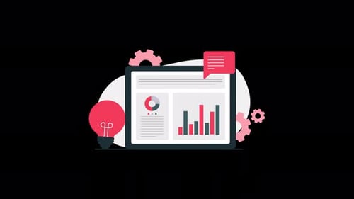 Animated Flat Design Laptop with Data Analysis Dashboard and Idea Elements