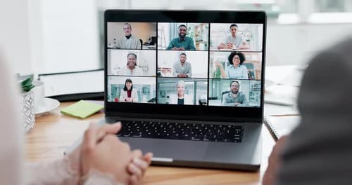Computer screen, online meeting and business people on laptop in office for discussion